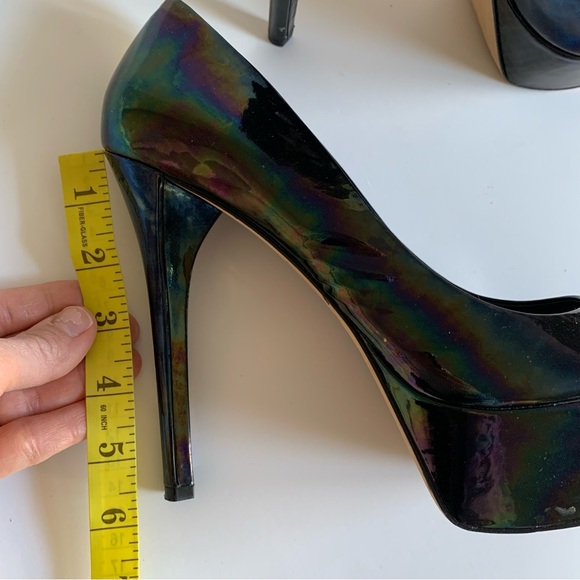 Brian Atwood Bambola iridescent patent leather Peep toe high heel Adriadic Black - Picture 6 of 13